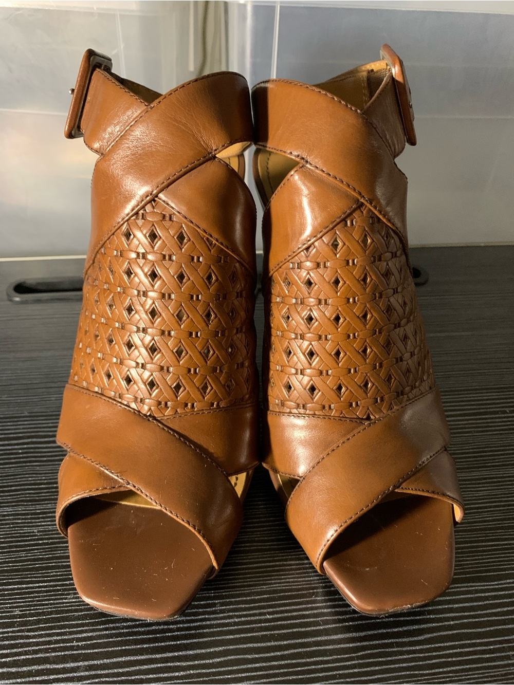 Franco Sarto brown leather peep-toe sandals